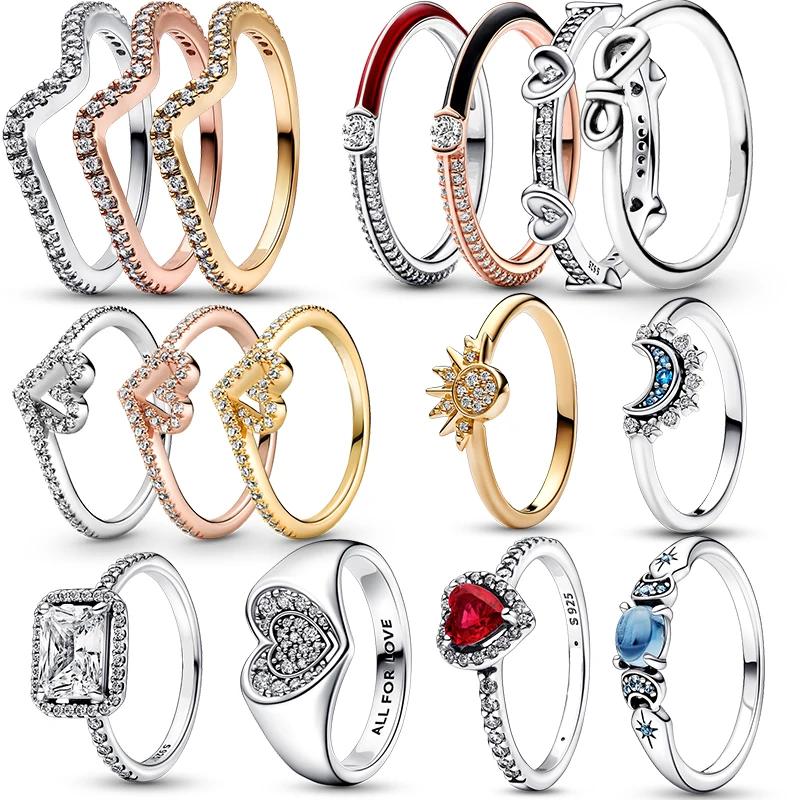 Anillos de plata de ley 925 para mujer, joyería de boda brillante con forma de corazón, Luna, Sol Celestial, Circonia cúbica, aniversario