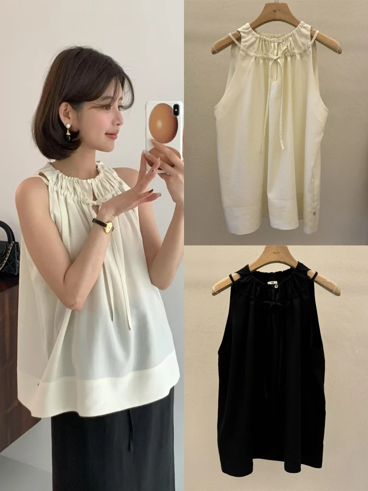 

East Gate Egg Home Sleeveless Neck Hanging Chiffon Shirt with Belt Loose Commute Slimming Color Top Quick Delivery