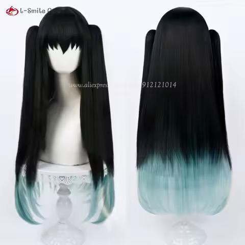 Anime Tokitou Muichirou Cosplay Wig 85cm Long Black Green Tiered Gradient Wig Double Ponytail Clip Heat Resistant Synthetic Hair