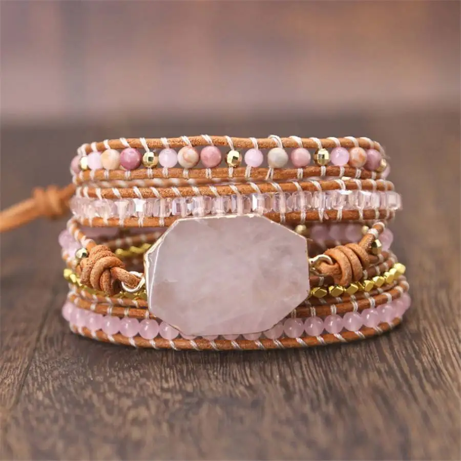 

Natural Pink Spar Hand-Woven Bohemian Bracelet Meditation elastic Tibetan Men's Prayer Zen Chaplet zazen Women Jewelry Chakra