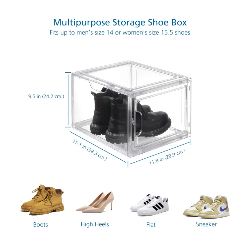 3 Pack Stackable Clear Glossy Plastic Drop Front Shoe Boxes, Adult Size, 1 Tier