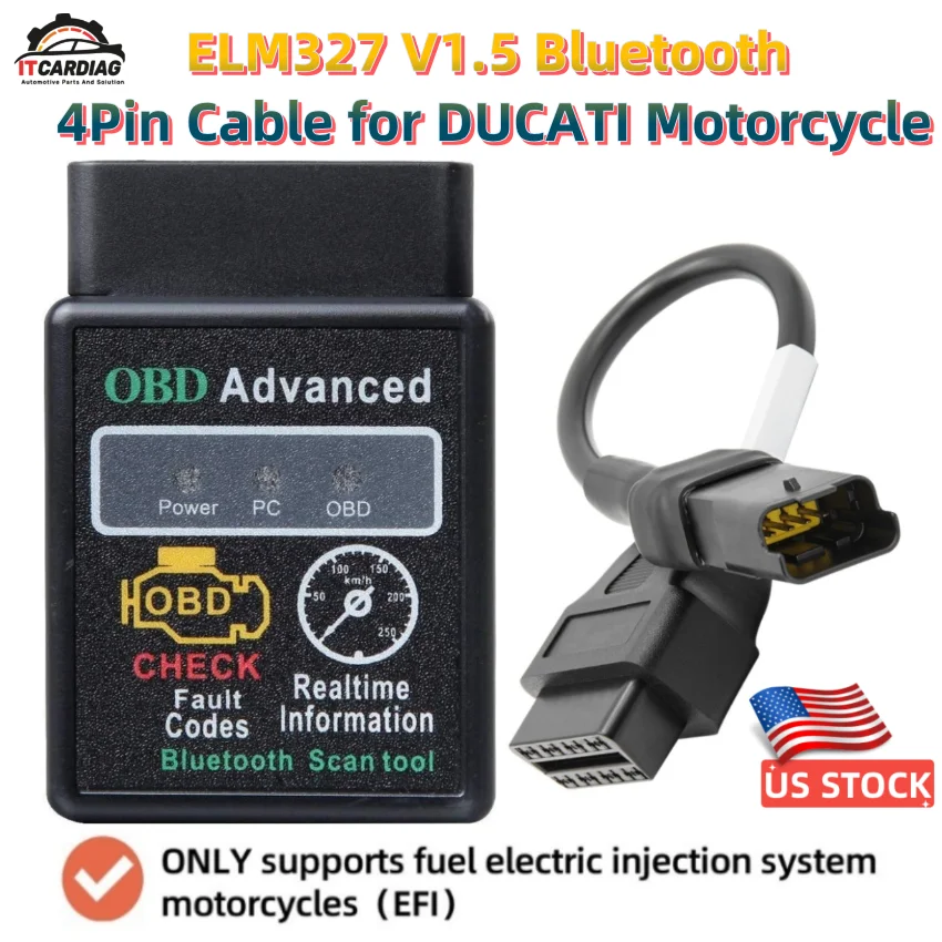 US STOCK For DUCATI EFI Motorbike Motorcycle 4PIN To 16Pin Cable with ELM327 V1.5 Bluetooth OBD2 ELM 327 Fault Code for Android