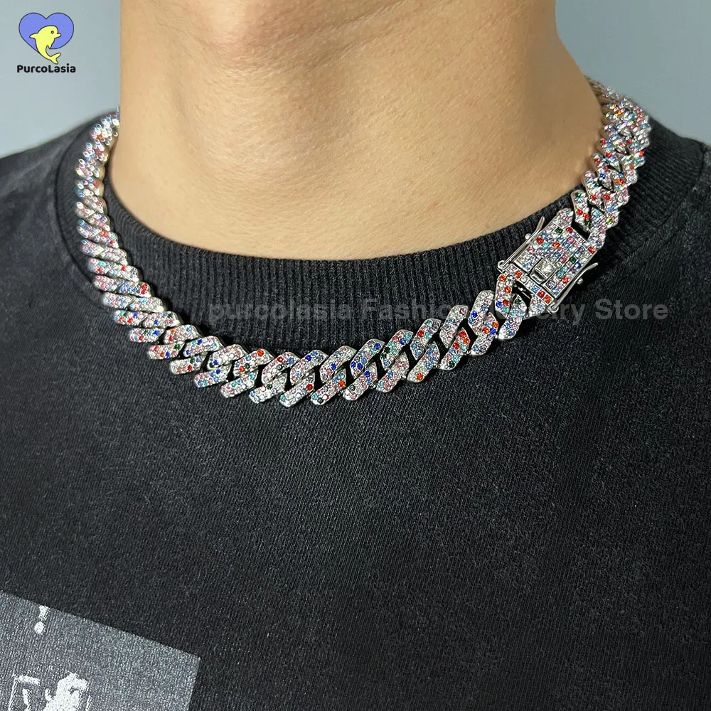 NEW 14mm Shiny Colorful Hip Hop Necklace Iced out Cuban Chain Mixed Rhinestones Choker for Men Jewelry