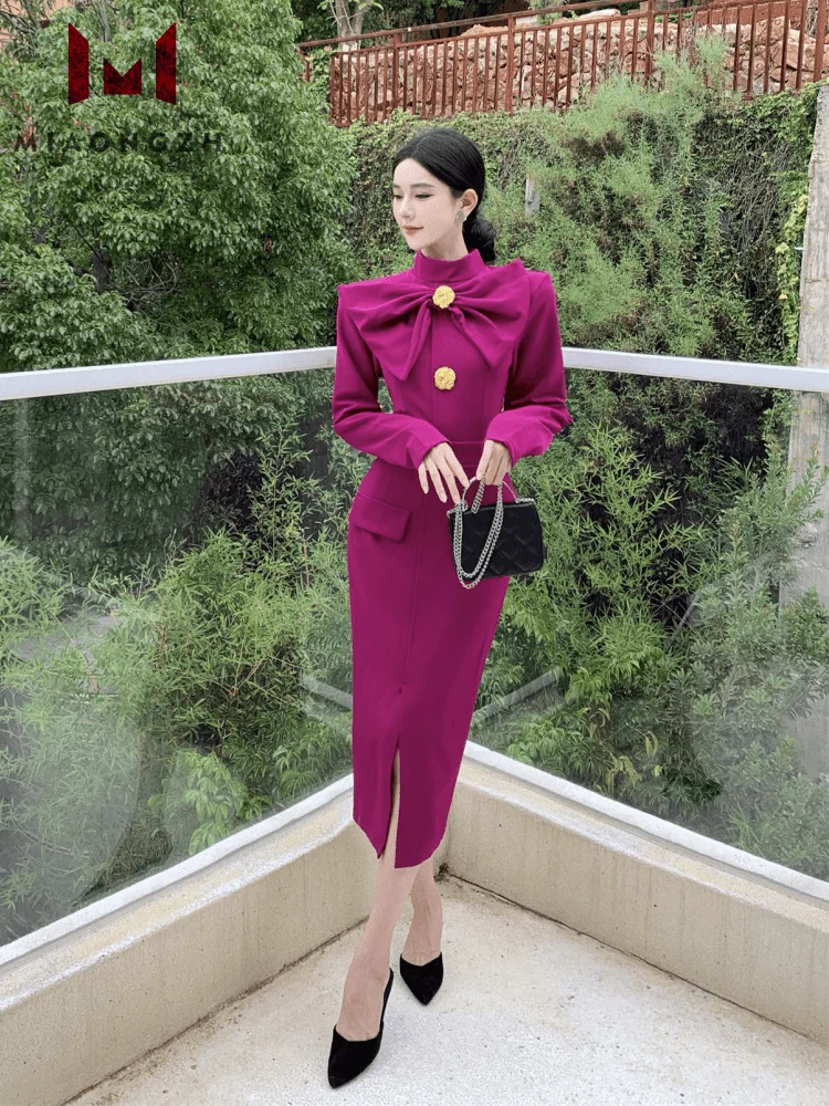 

2023 Elegant Solid Vintage Dress For Women Stand Collar Long Sleeve Bow Bodycon Party Dresses Autumn Female Fashion Vestido Robe