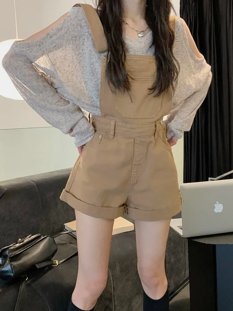 

Summer Sweet All-match High Waist Preppy Style Denim Rompers Women Vintage Casual Simple Korean Fashion Chic Streetwear College