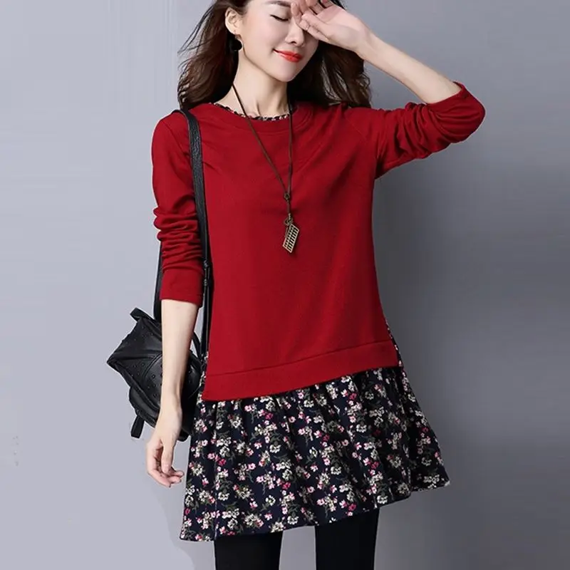 Fashion O-Neck Printed Spliced Fake Two Pieces Blouses Women's Clothing Autumn Winter Loose Casual Tops Commuter Shirts TT257