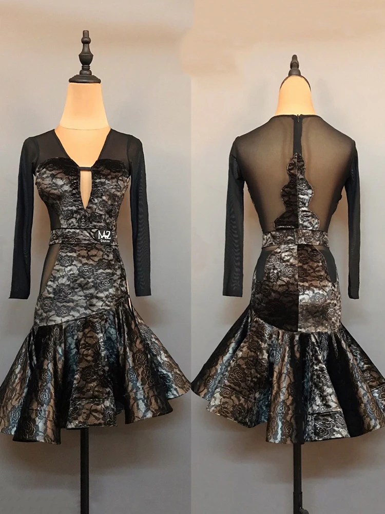 Vestito da ballo latino in velluto sexy Vestito da prestazione per donna Rumba Tango Costumi di scena Manica lunga Vestito latino Abbigliamento da pratica VBH2046