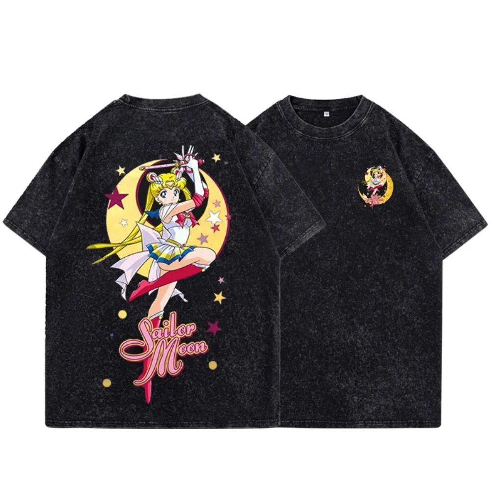 

Sailor Moon T-shirt Man Trendy Anime Printed Short-sleeved Tee Vintage Washed Women's Oversized Streetwear HipHop Clothes
