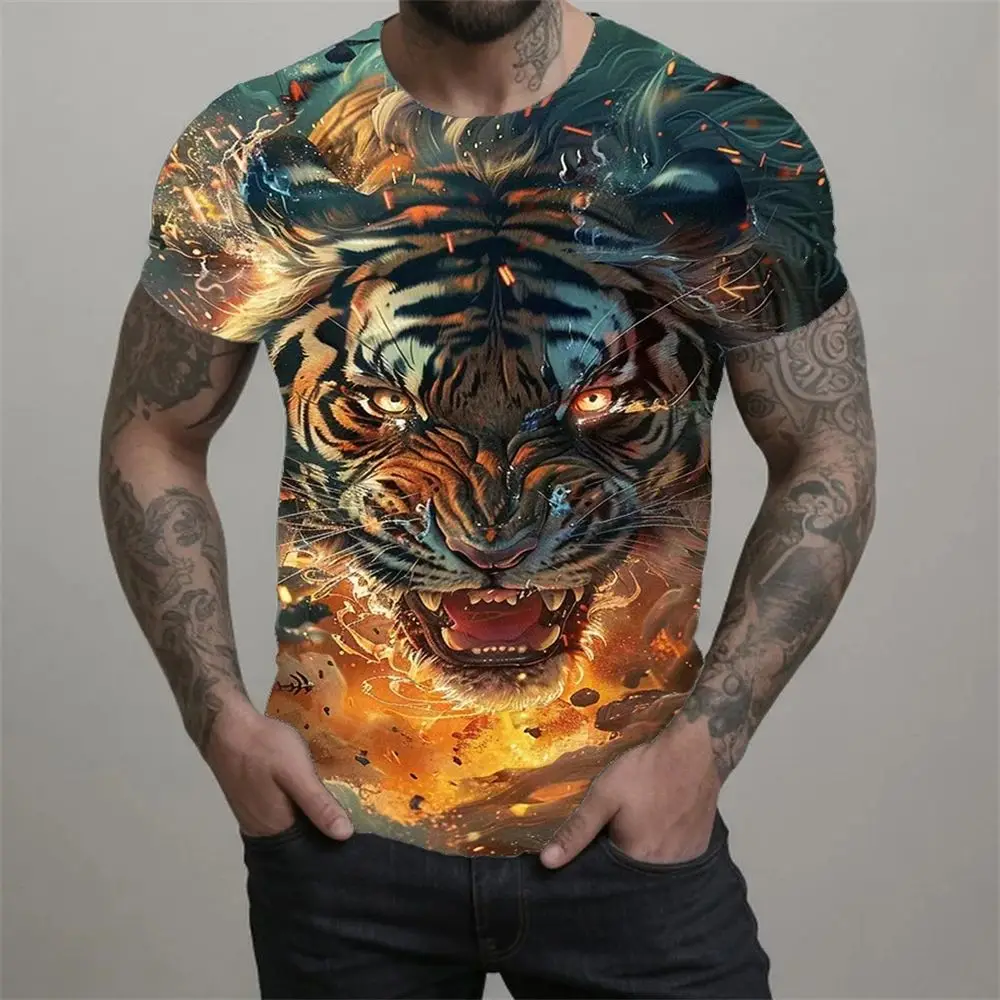 

2024 Summer Men's 3d Digital Printing Animal Tiger Pattern T-Shirt Fashion Personality Trend Large Size Round Neck Short Sleeve