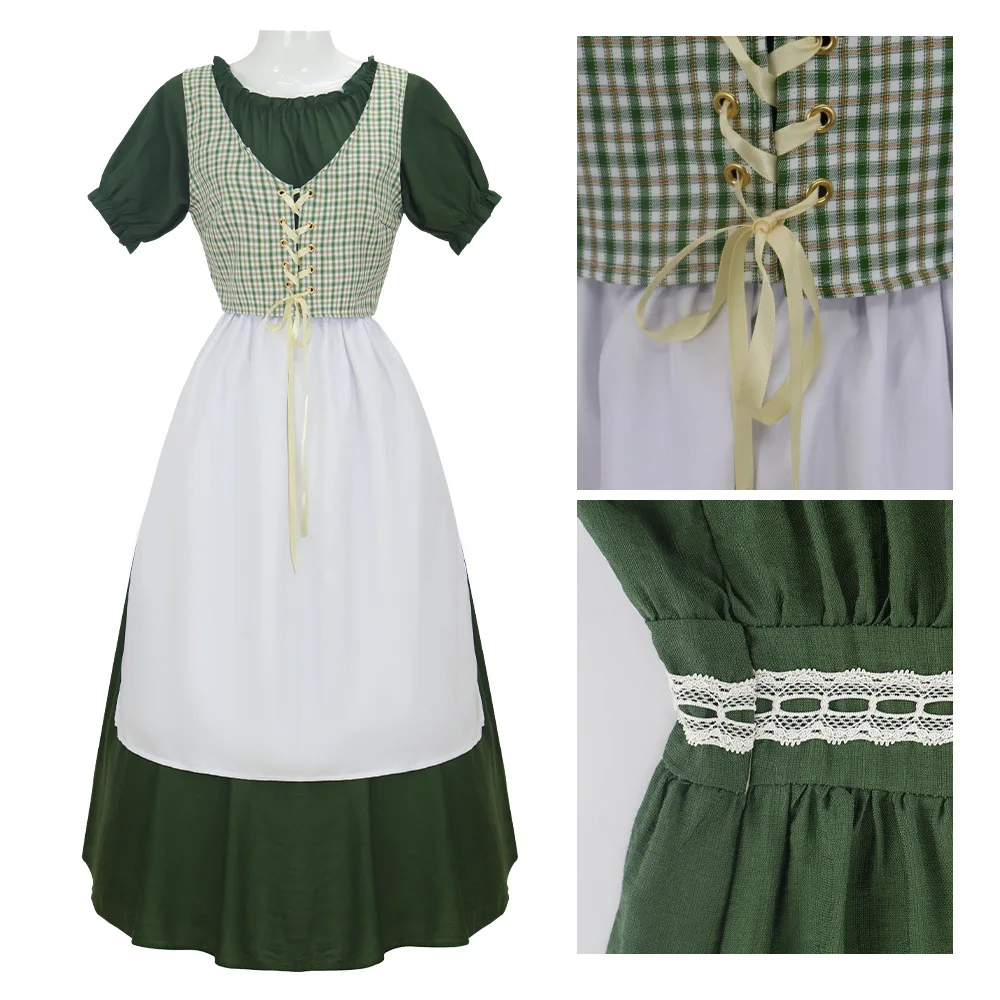 

Halloween Evening Party Vintage Victorian Dress Green Plaid Vest White Apron Pastoral Dress Pioneer Women Maid Cosplay Costume