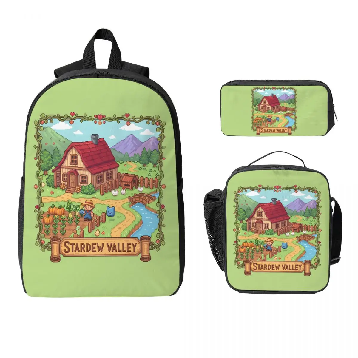 

Stardew Valley Video Gamer Classic Pixel Art Backpack BookBag School Bag Shoulder Bags 3ps Insulated Lunch Bag Pencil Case