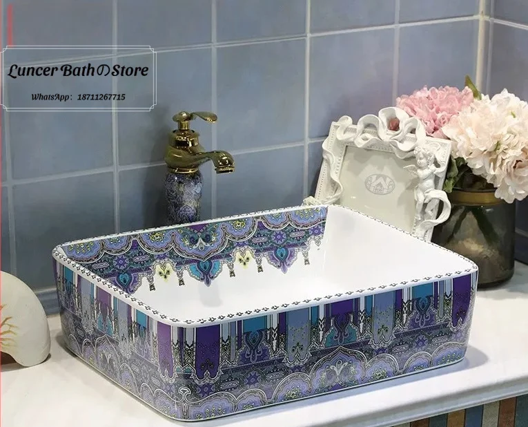 Jingdezhen Bohemian Ceramic Basin, Rectangle Art Hand Wash Sink for Bathroom, Vanity Face Wash Basin for Home
