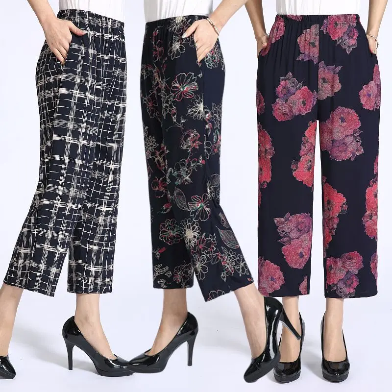 

Middle Aged And Elderly Women's Pants 2024 Summer Thin Cropped Pants Elastic High Waist Casual Printed Straight Trousers