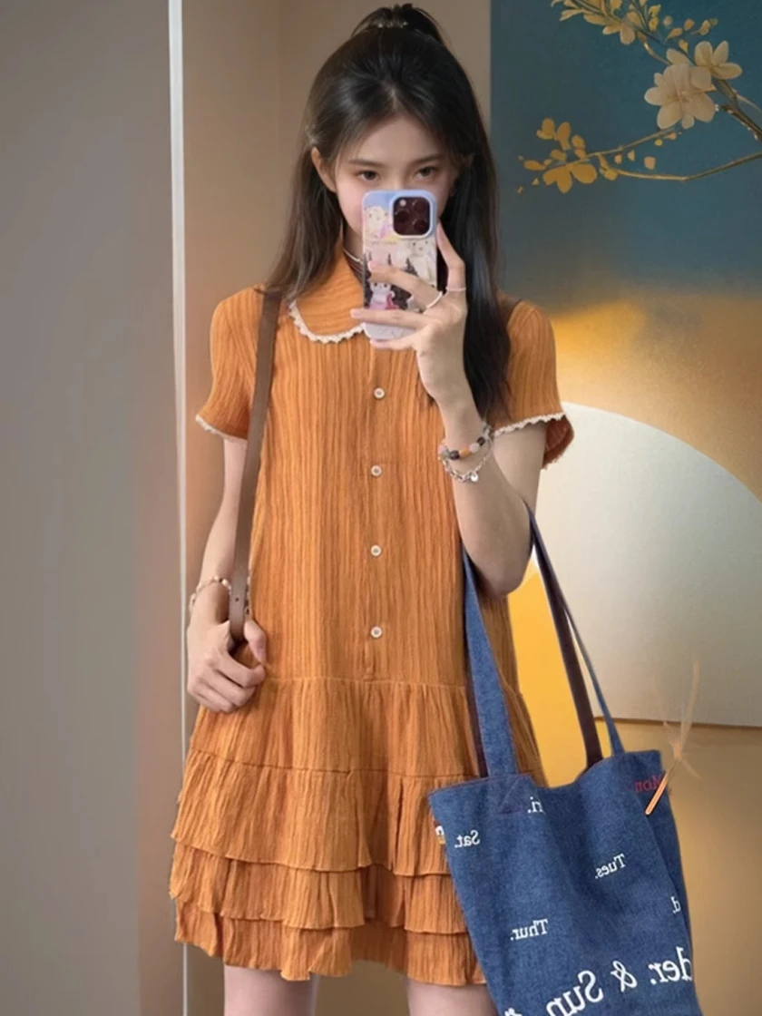 Vestido F Retro com Gola de Boneca e Saia em Camadas, Estilo Único e Doce, Cintura Alta, Manga Curta, Novo Estilo de V...