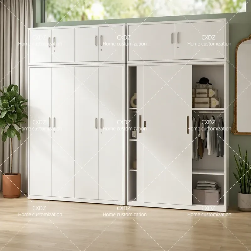 Modern Simple Steel Wardrobe with Sliding Door Iron Storage Cabinet for Home Rental Room Finishing Locker