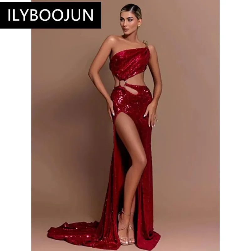 BY Sexy One Shoulder Cut Out Red Mesh Sequins Red Maxi Long Women Celebrity Dress 2024 Elegant Party Evening Club Vestido