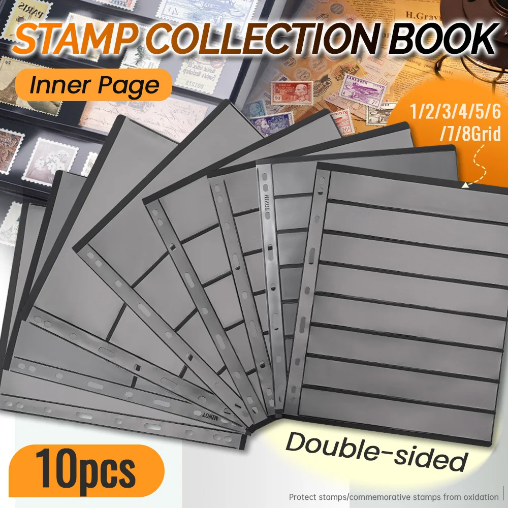 Lot de 10 pages intérieures à feuilles mobiles pour album de collection de timbres, format double face, fond noir, 9 trous