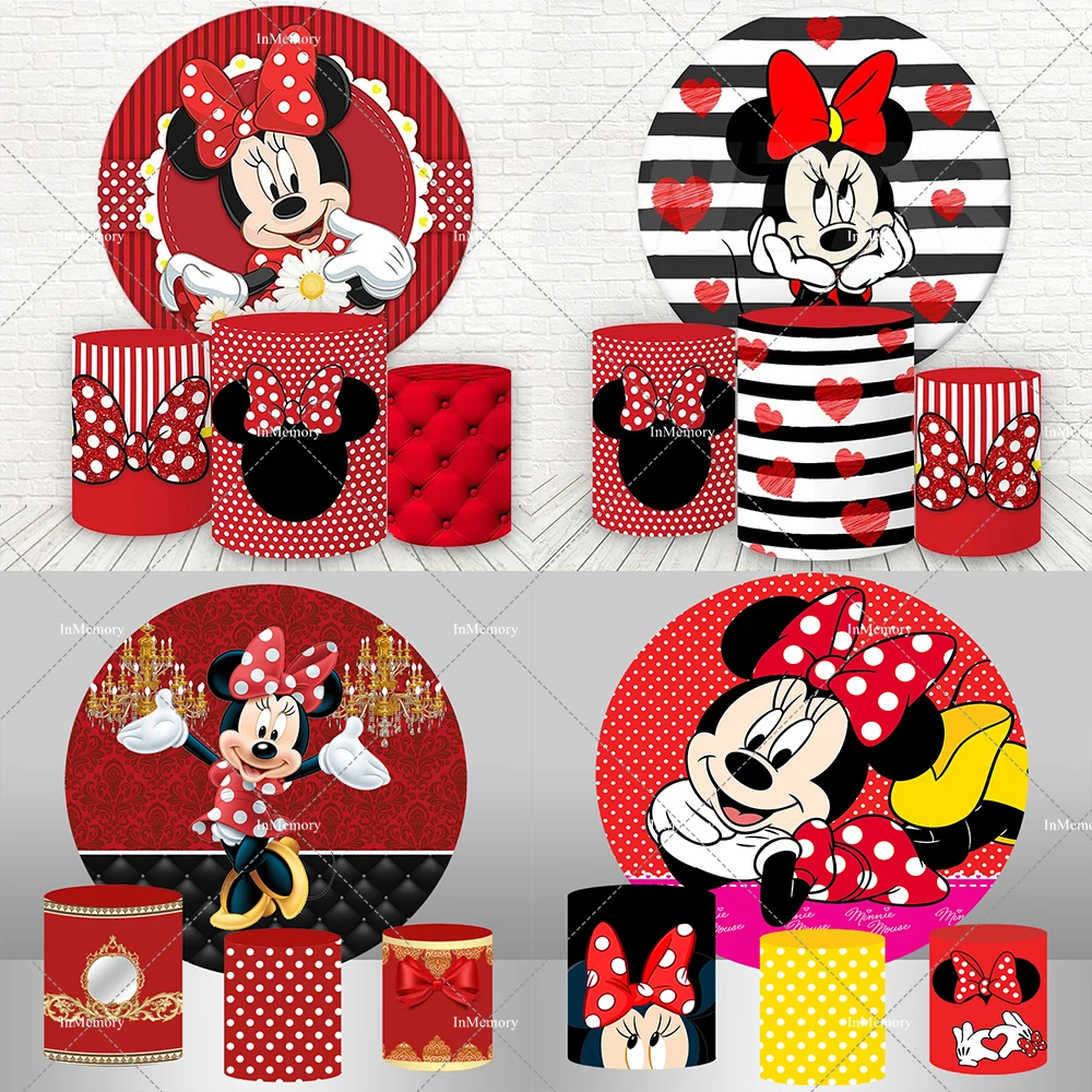 

Disney Red Minnie Mouse Circle Round Backdrop Cover for Girls Birthday Party Decoration Baby Shower Pedestal Cylinder Covers