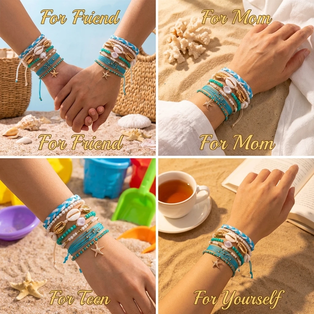 7-teiliges tropisch inspiriertes Armband-Set für Damen, Boho-Strand-Muschel-Ananas-Palmen-Anhänger-Schmuck, Sommer-Festival-Accessoires – Detail 3