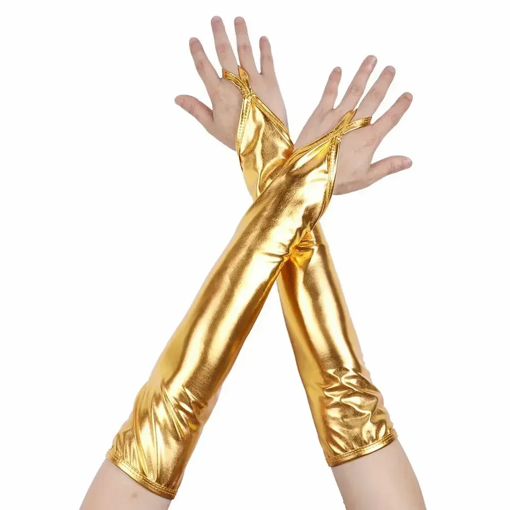 Fashion Shinny Leather Long Gloves Big Sleeve Lantern Sleeve Emulation Bright Bright Solid Color Performance Gloves Female