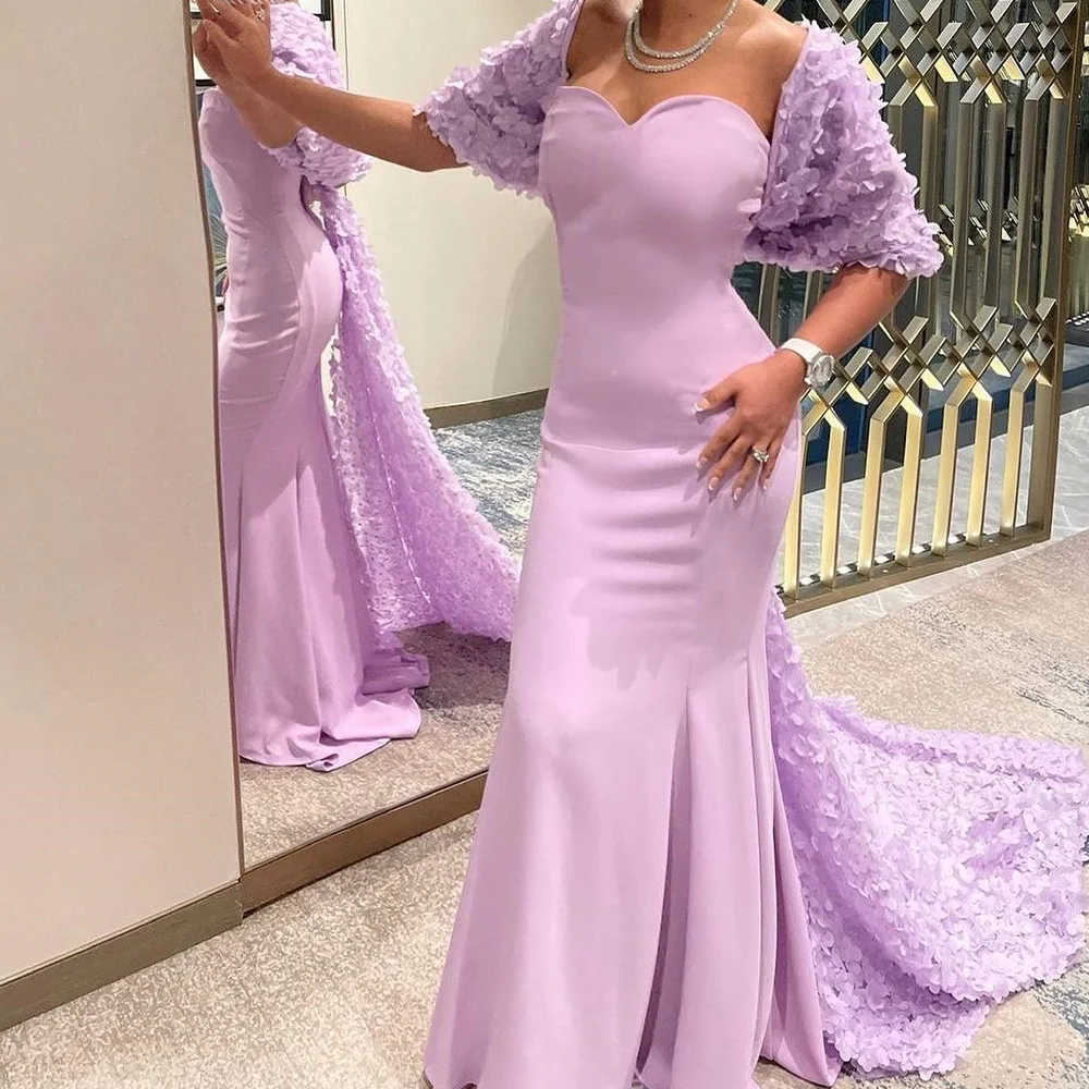 Straight Sweetheart Off the Shoulder Jersey Half Sleeves Exquisite Evening Dresses Watteau Train Appliques Pleats Zipper Back