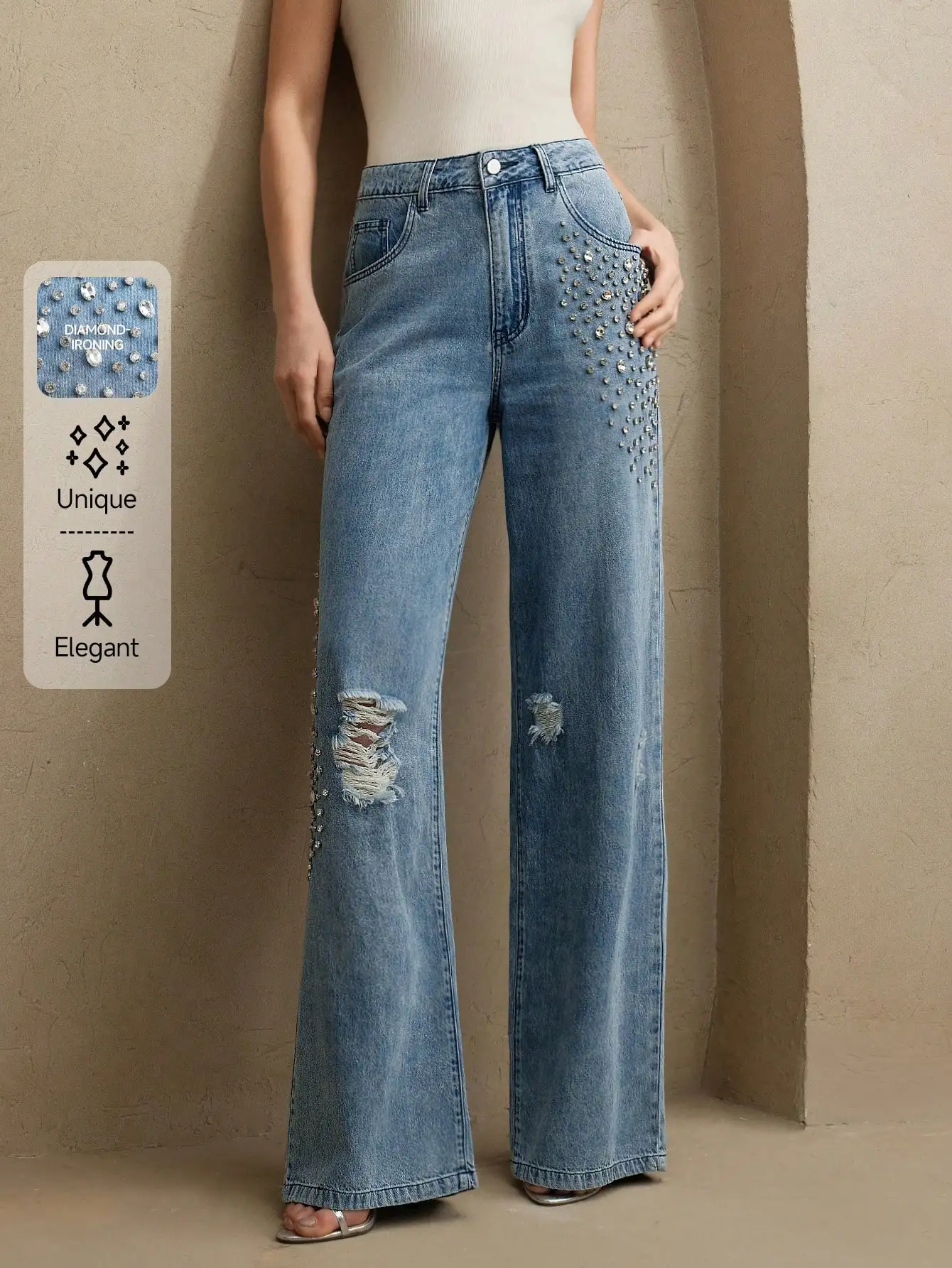 

Женские джинсы с широкими штанинами, украшенные сверкающими стразами, для вечеринок и повседневной носки