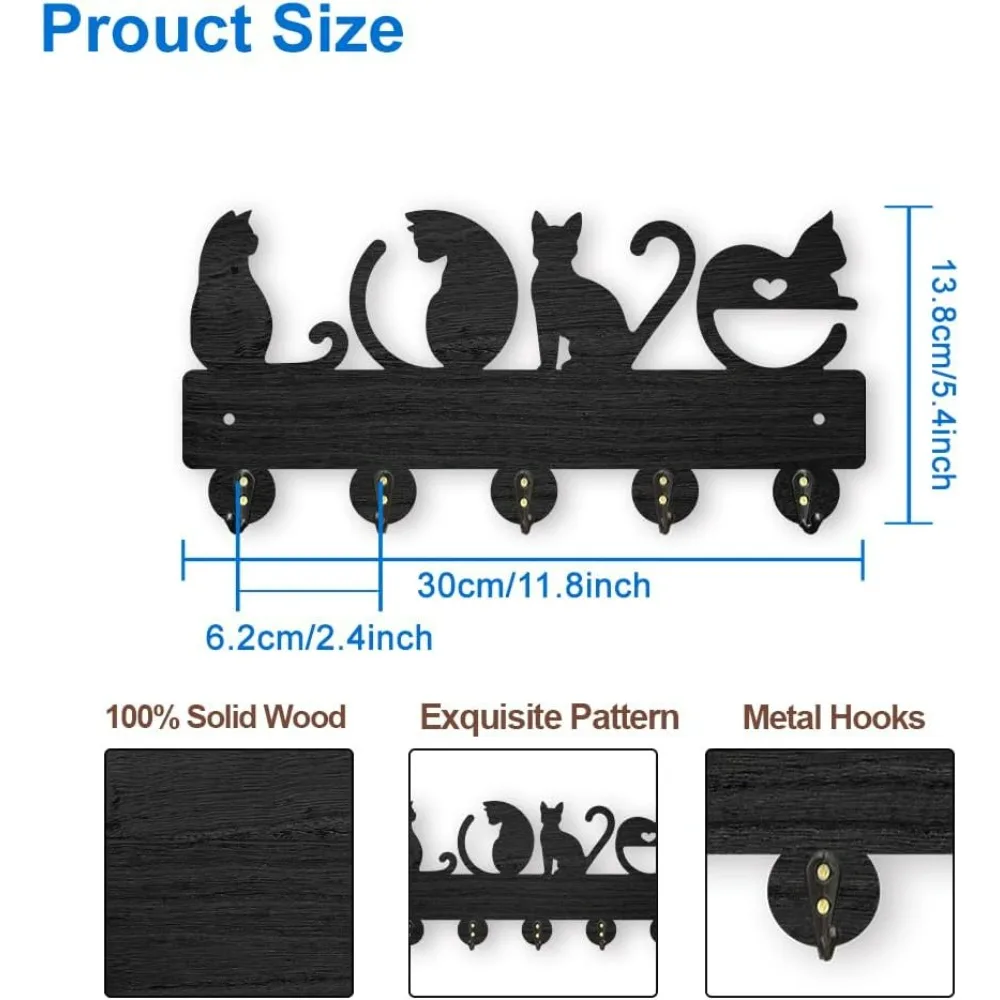 Wood Love Cat Coat Rack Wall Mount 11.8×5.4inch Key Holder for Wall Black Cat Key Hooks 5 Alloy Hooks 4 Cats Animal Theme