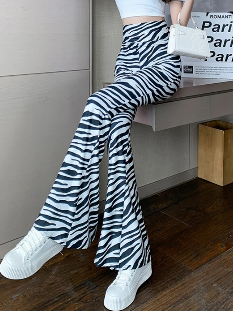High Waist Zebra Print Micro Flared Pants Women's Summer 2026 Casual Design Sensation Bootcut Pants Lengthened Floor Sweeping