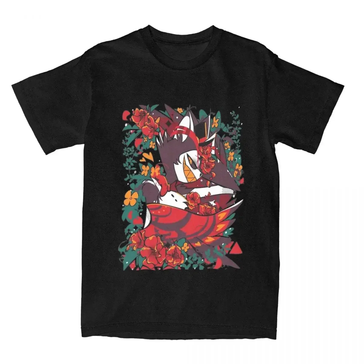 

Fashionable Hazbin Hotel Floral Graphic Men Short Sleeve Cotton Casual T-shirt