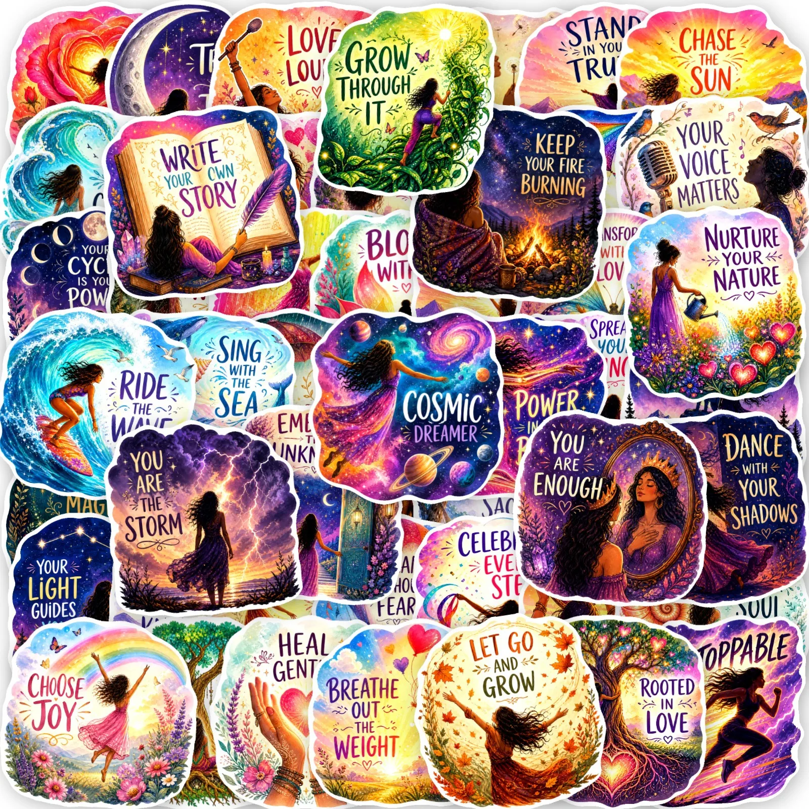 50 PCS New English Women Power Dreamy Illustration Stickers Self Growth Inspirational Quote Hand Account Waterproof Decals
