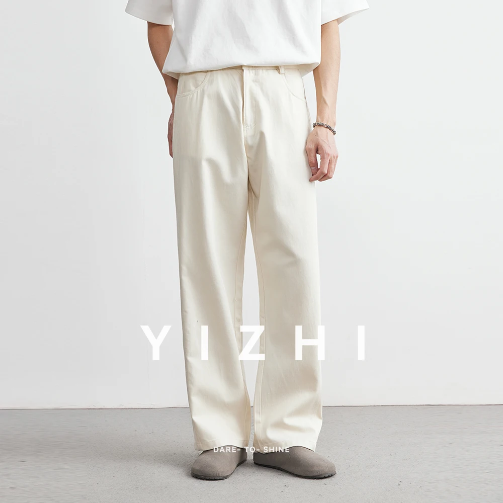 Men's American Retro Washed Casual Pants Autumn New Japanese Loose Straight Trousers Button Design Solid Color Men Casual Pant - Image 2