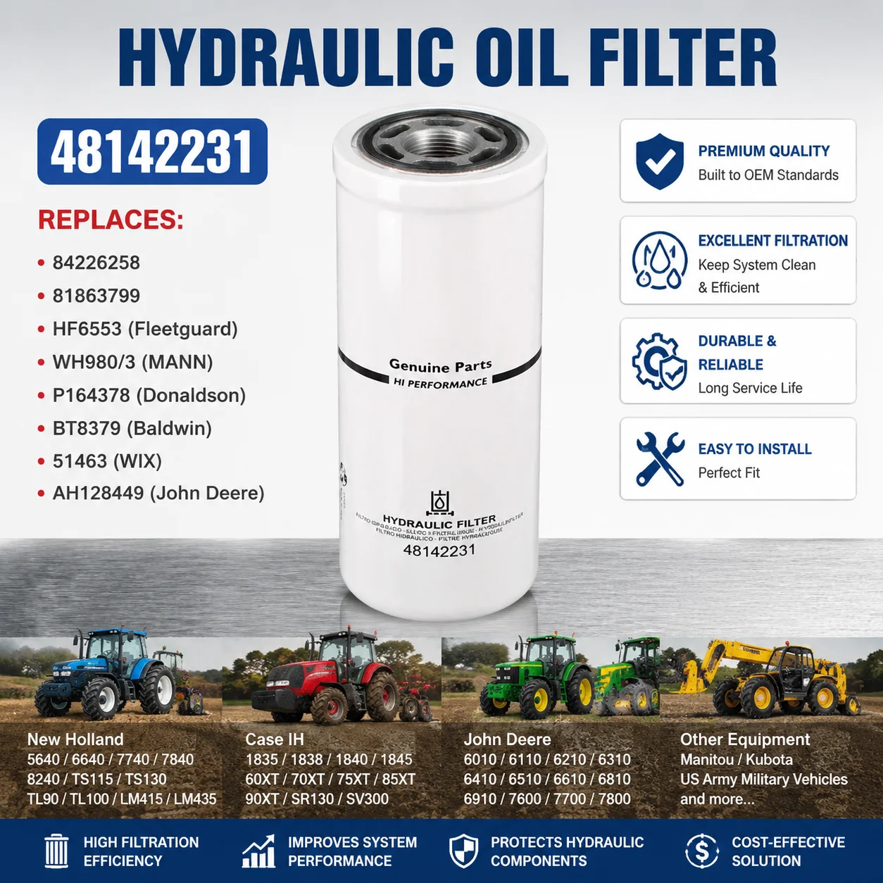 Filtro de Aceite Hidráulico 48142231, Reemplazo para 84226258 81863799, para New Holland, Case IH, John Deere 6010, 7600, Minicargadora, Tractor
