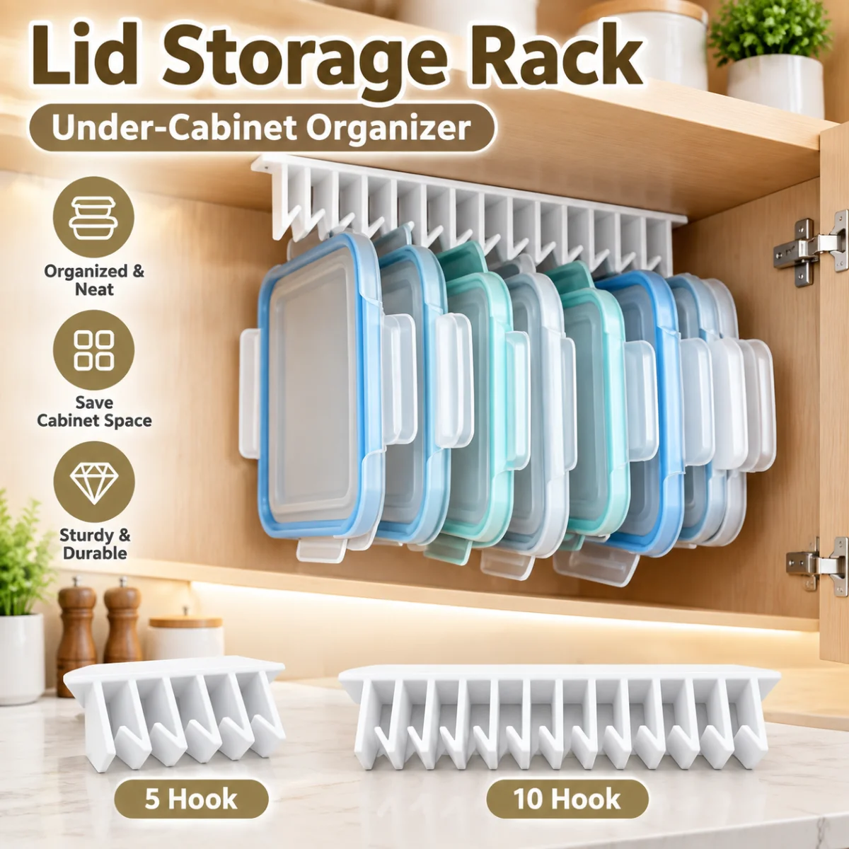 Under‑Cabinet Lid Organizer, Multi‑Slot Wall Mount Kitchen Rack, 5/10 Hooks Space‑Saving Lid Holder with Mounting Hardware