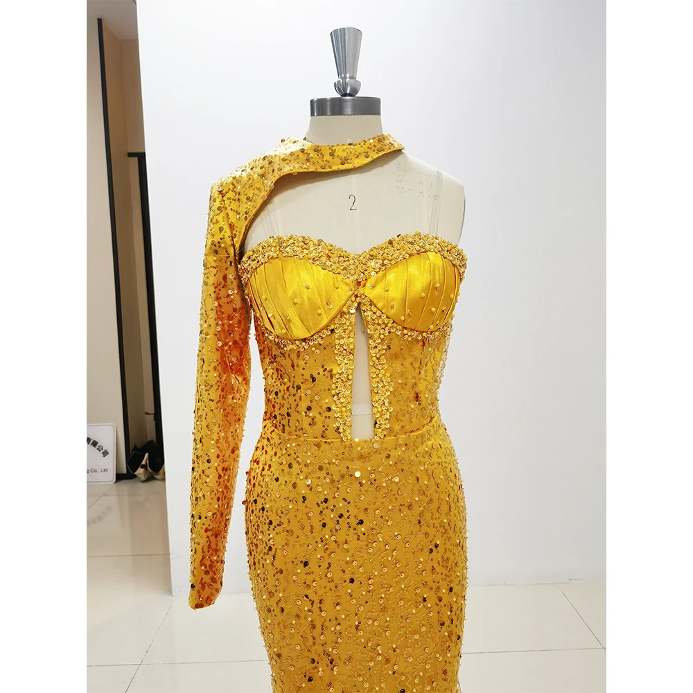 Luxury Yellow Sequined Long Sleeve Evening Dress Sweep Train High Neck Special Occasion Gown Elegant Women Chic Mermaid 2024