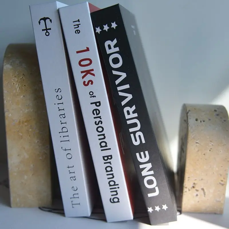 Retro Natural Stone Bookends Luxury Vintage Beige Travertine Book Stand Holder Home Decoration