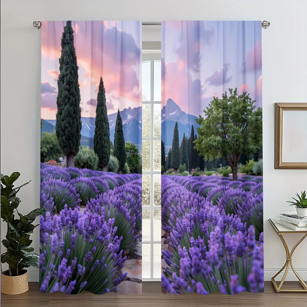 Sunset Lavender Field Curtain 2 Panels, Rows Purple Lavender Cypress Tree Mountain Sky Pattern Living Room Decor Curtain