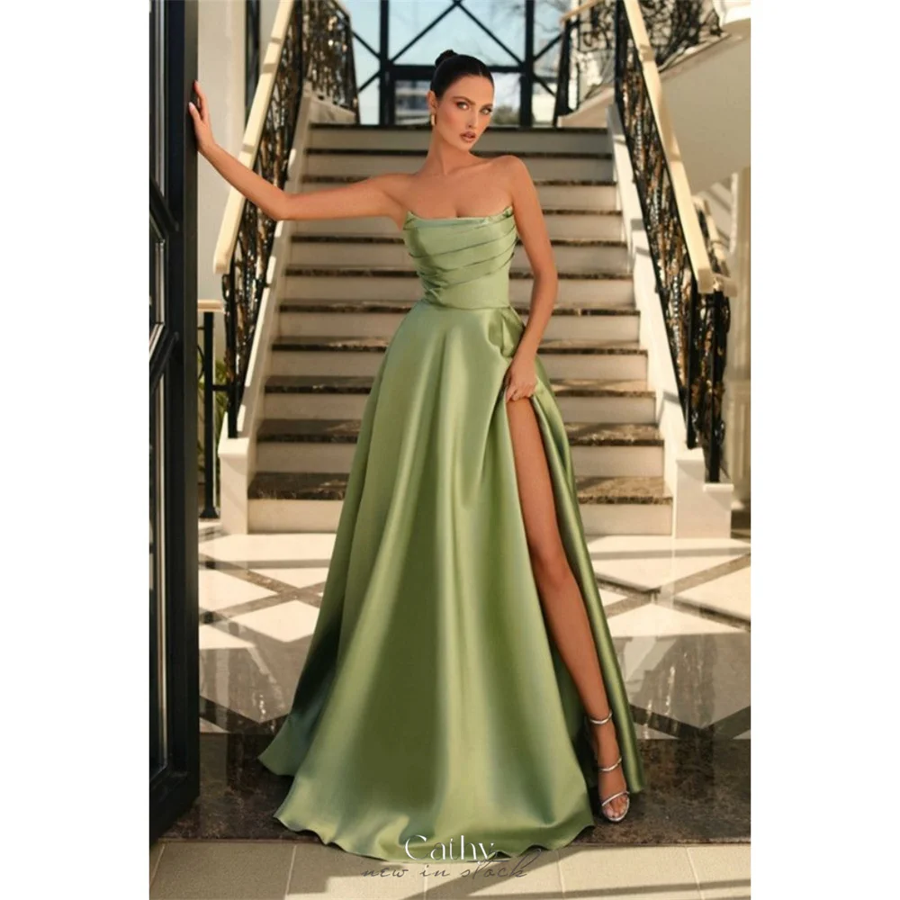 

Cathy Green Satin Prom Dresses Strapless A-line vestidos de noche Elegant Sleeveless Floor-Length Side Split Formal Evening 2024