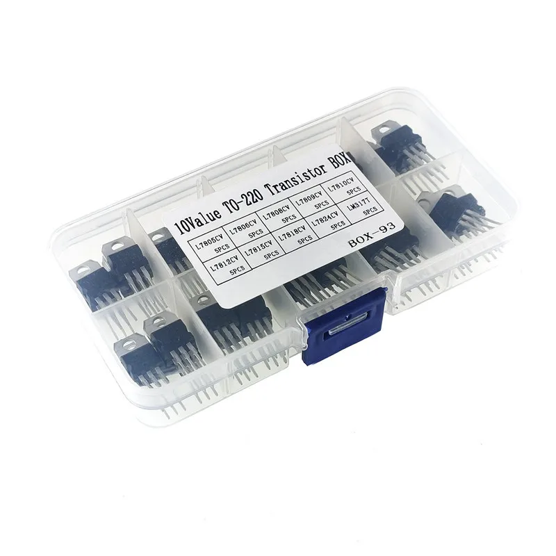 50pcs 10 Values Voltage Regulator Kit L7805 7806 7812 7824 LM317 TO-220 Assortment Box
