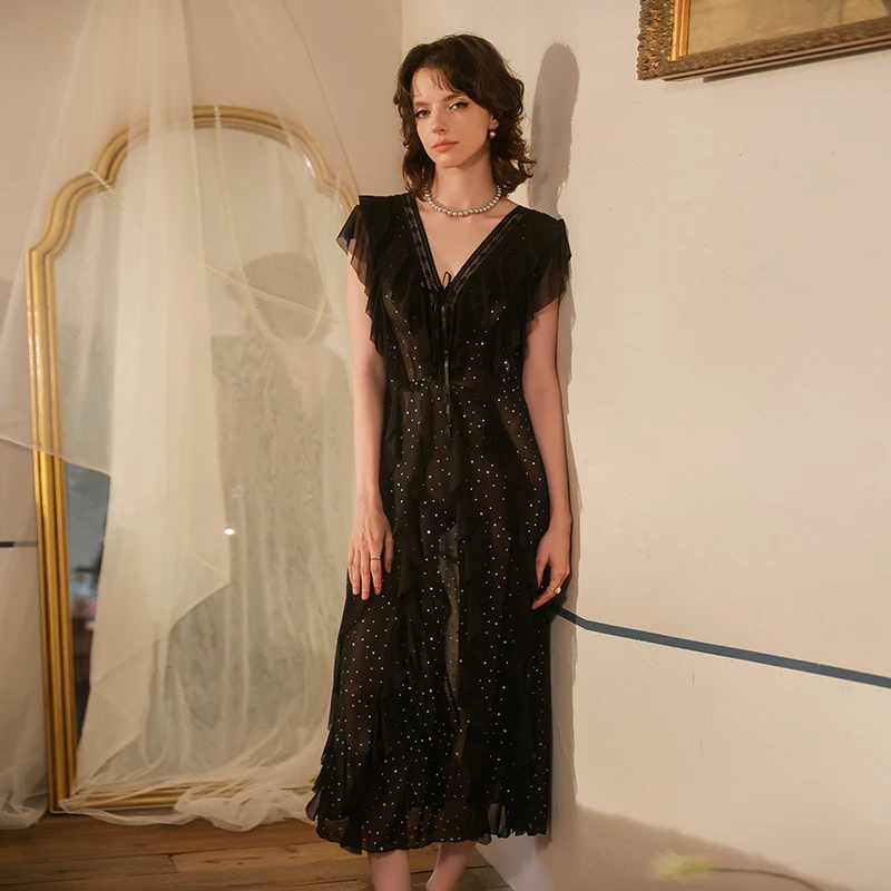Sexy Nightgown Sparkling Sequin Deep V Charming Nightdress Ruffles Luxury Long Dress Pajamas Beautiful Pearl Backless Sleepwear