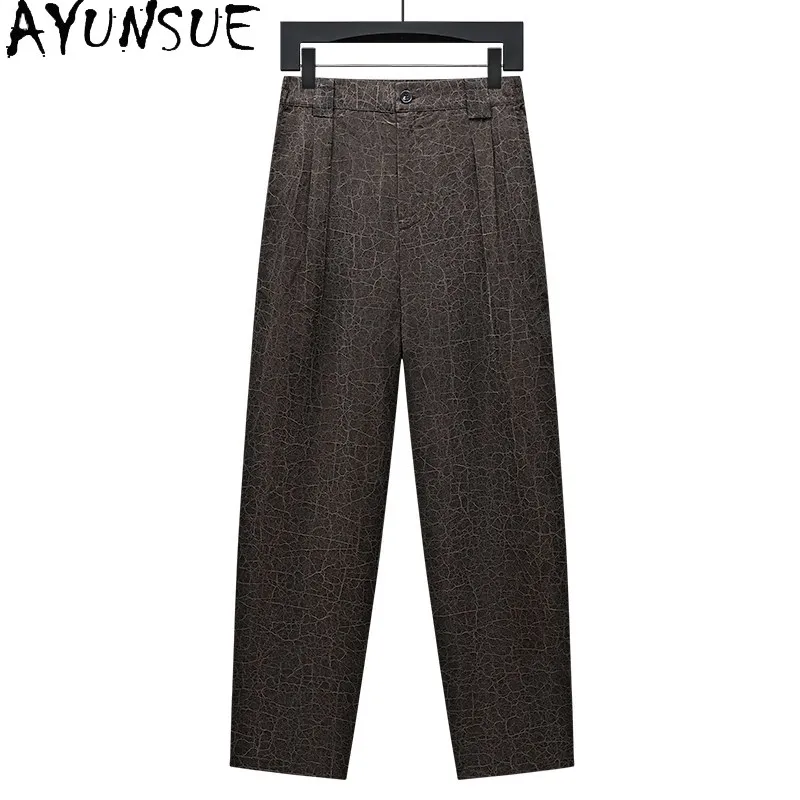 AYUNSUE High-end 100% Natural Mulberry Silk Man Pants Casual 2026 High Waist Straight Trousers Luxury Watered Gauze Pants Men
