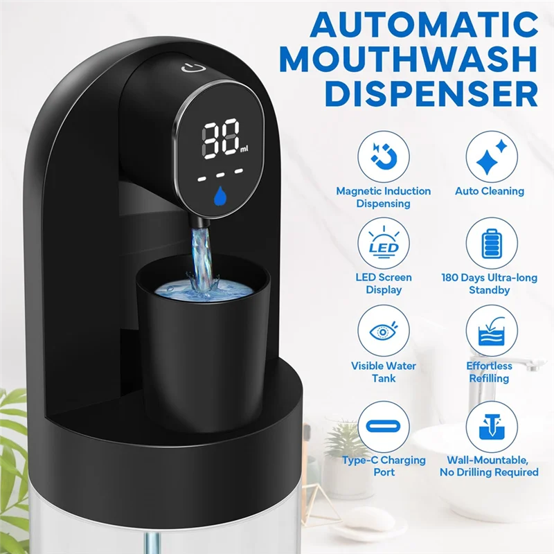 Dispensador automático de enjuague bucal montado en la pared A88X para el hogar, dispensador automático de enjuague bucal para niños, negro