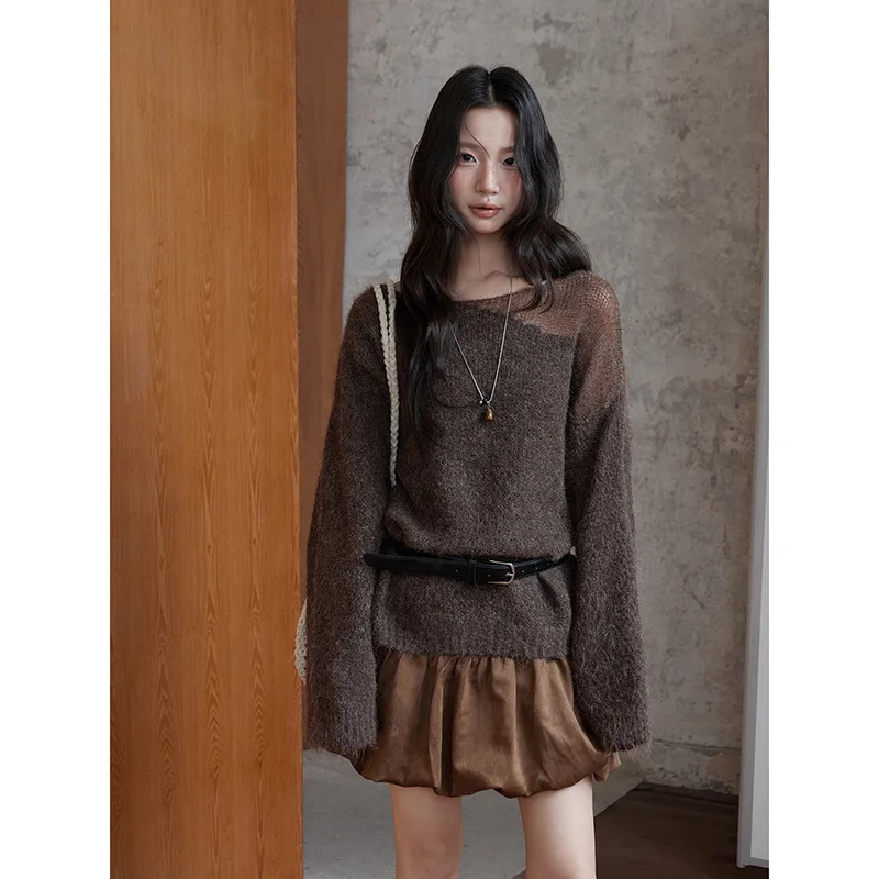 

2025 Retro Hollow Knit Sweater Autumn Winter New Lazy Style Sweater