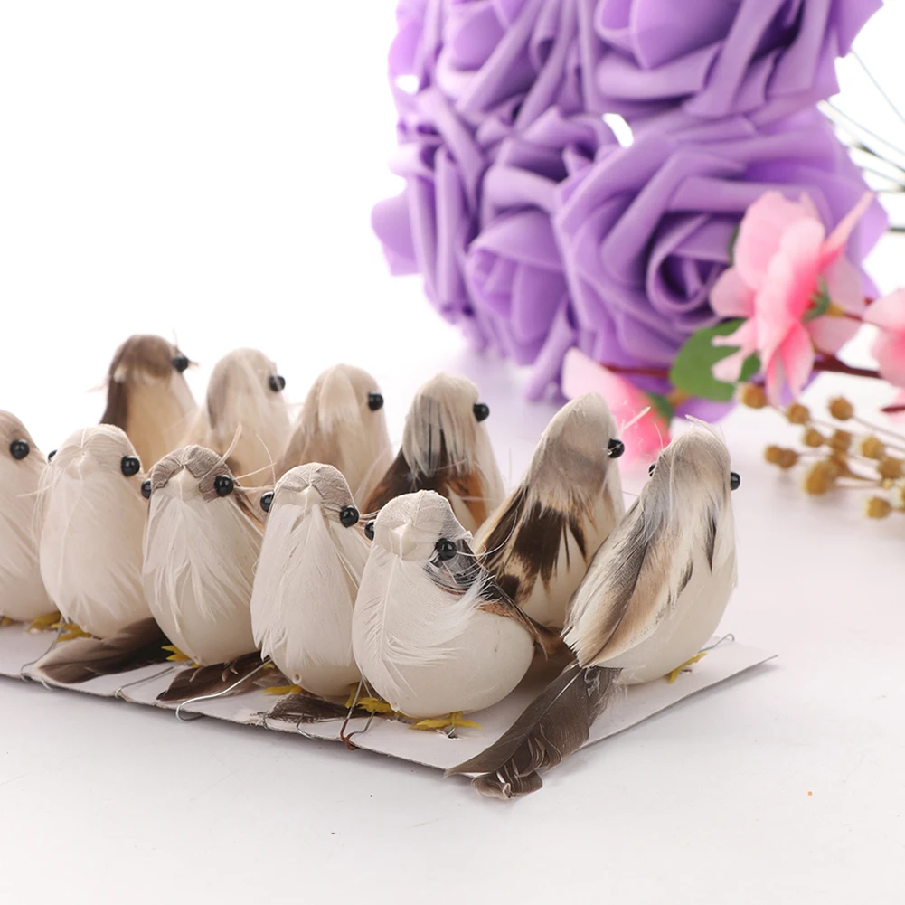 12Pcs Cute Mini Artificial Feather Birds Christmas Tree Decor Wedding Doves for Decorating Cages Tree Bonsai Table Decorations