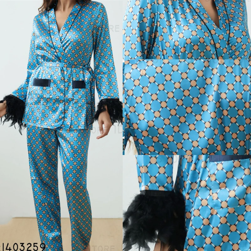 

New Female Pijamas Suit Loungewear Fashion Printed Feather Long Sleeved Cardigan Trouser Pajamas Set Loose Homewear Sleepwear