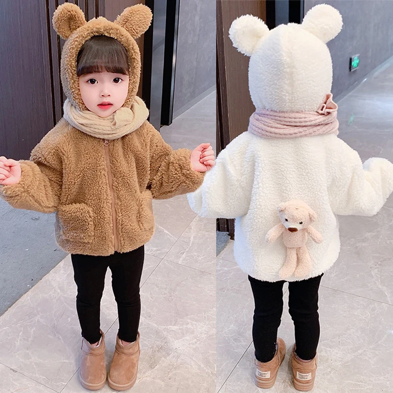 

New 24 Autumn Winter Keep Warm Girls Jacket Cute Bear Hooded Baby Boys Coat Fleece Children Outerwear Clothing 1 2 3 4 5 6 Years