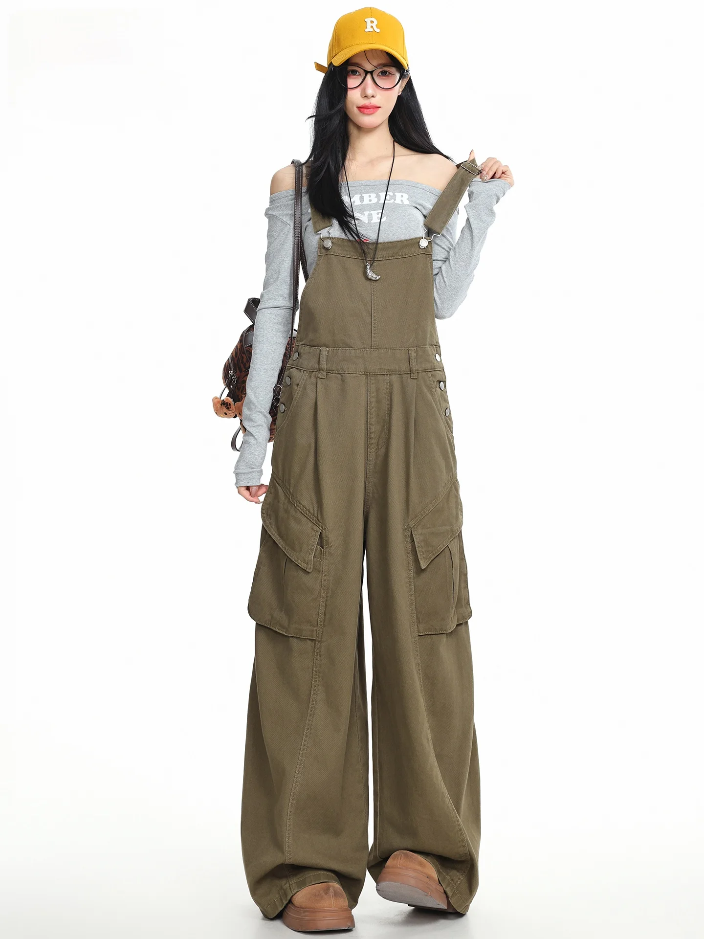

Khaki Green American Retro Denim Overalls Women's Loose Slimming Streetwear Jumpsuit Spring Summer Casual High Waist Cotton