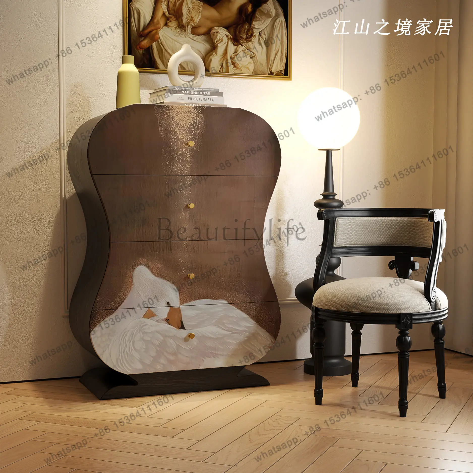 

American solid wood four buckets against the wall, entrance cabinet, high-end drawer, bedroom, living room, sofa side cabinet