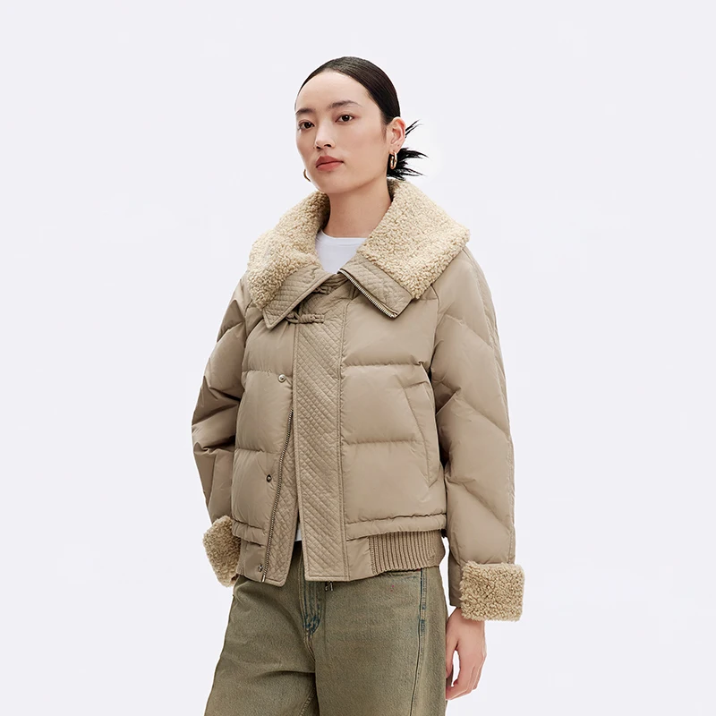 Chericom Women's Winter Down Jacket Short Faux Shearling Collar and Cuffs Quilted Panel Zipper Closure Padding Coats Y299129Y