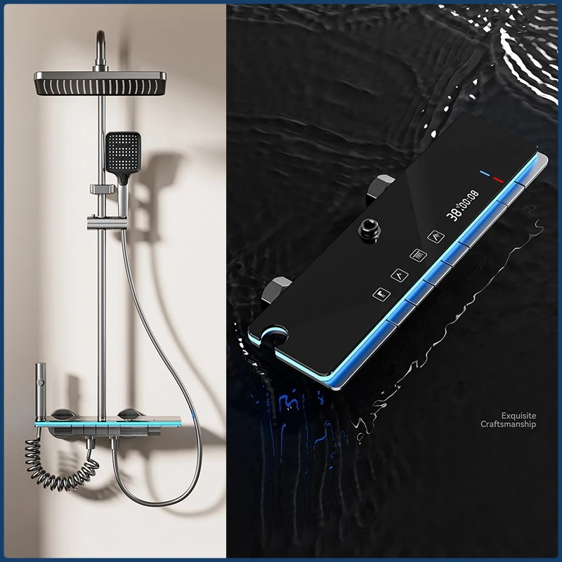 Grey Four Mode Shower System Intelligent Digital Bathroom Shower Faucet Set Temperature Display Rainlfall Bathroom Shower Set