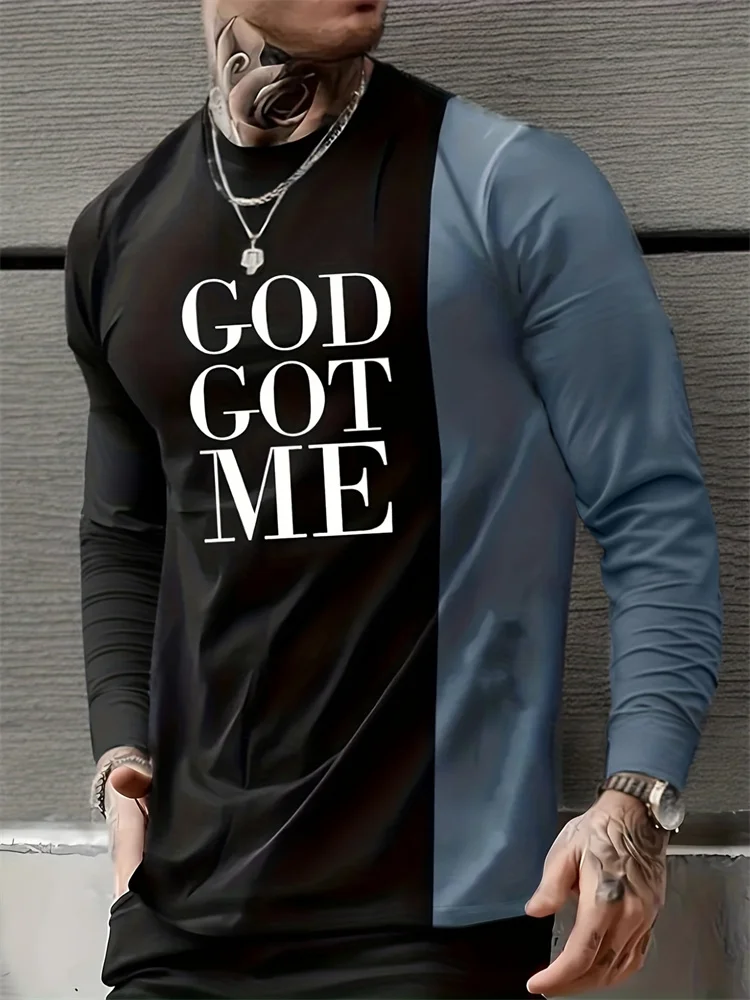Men's God Got Me Long Sleeve T-Shirt Color Block Christian Graphic Tee Streetwear Casual Pullover Tops Gift New Fashion Hot